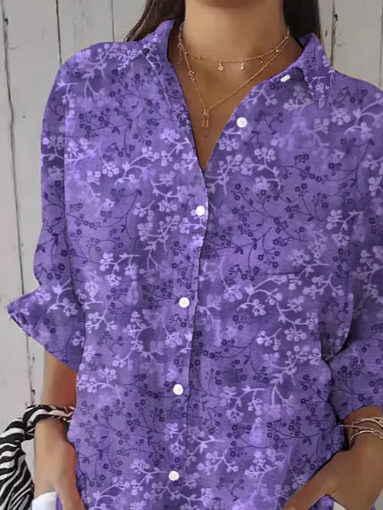 Shirt Collar Three Quarter Sleeve Floral Printing Regular Loose Button Up Shirt Shirt For Women