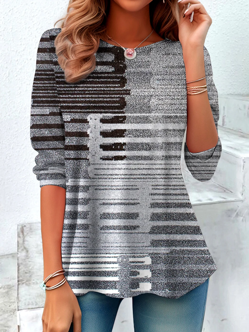 Vintage Plaid Crew Neck Long Sleeve T-shirt