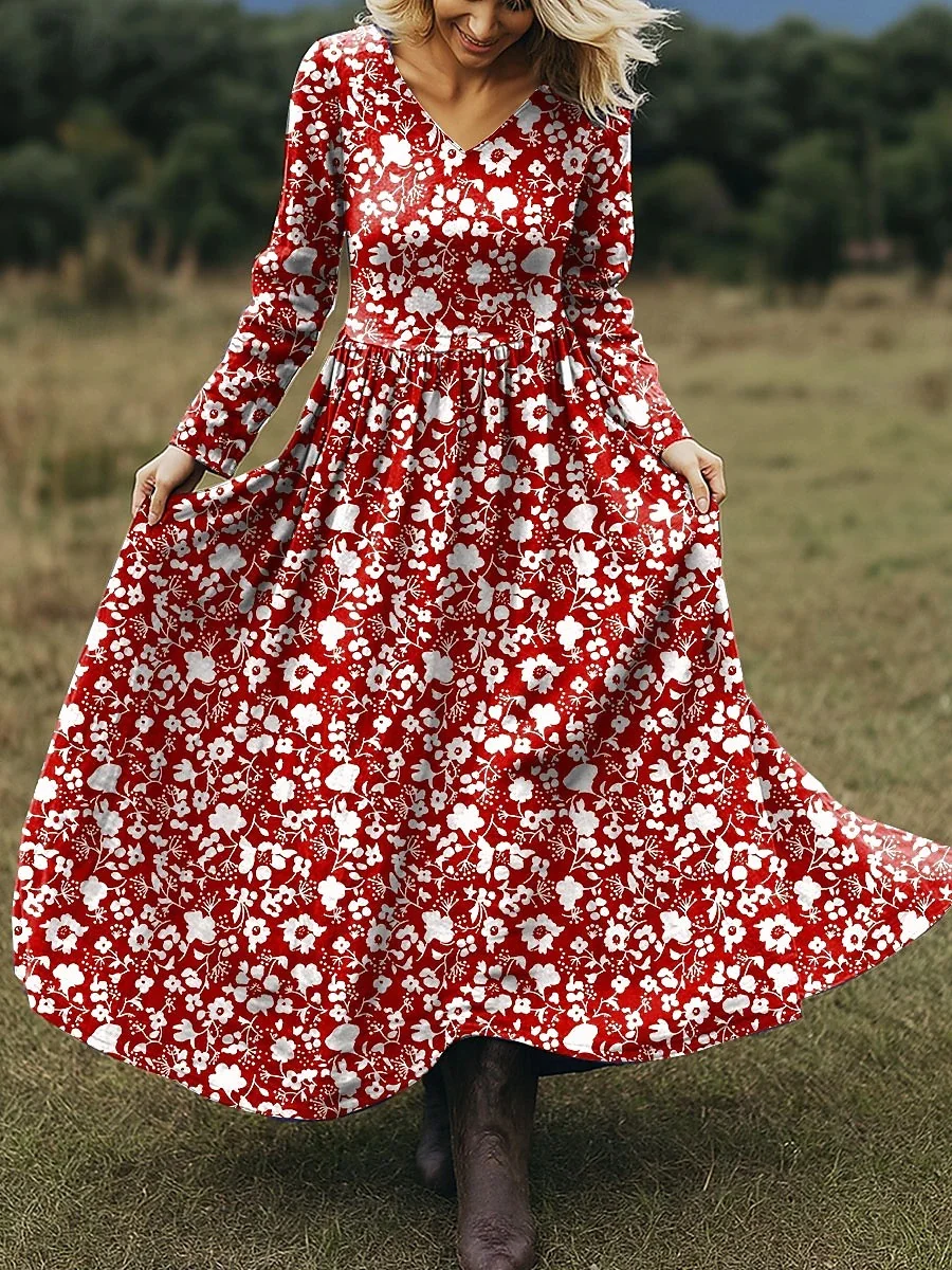 Women Floral Spring/Fall Dress V Neck Long Sleeve A-Line Dress
