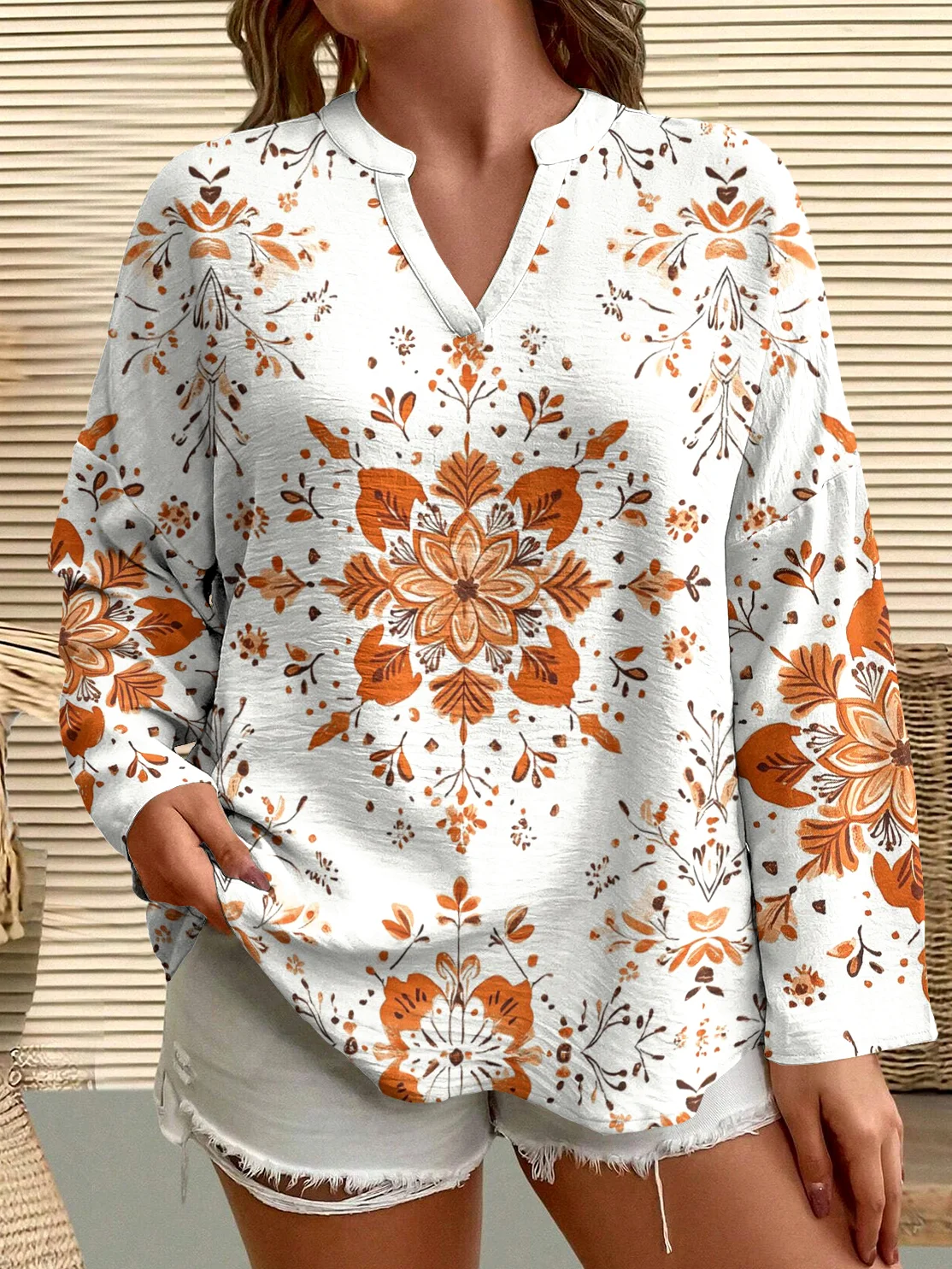 Casual Floral V Neck Long Sleeve T-shirt