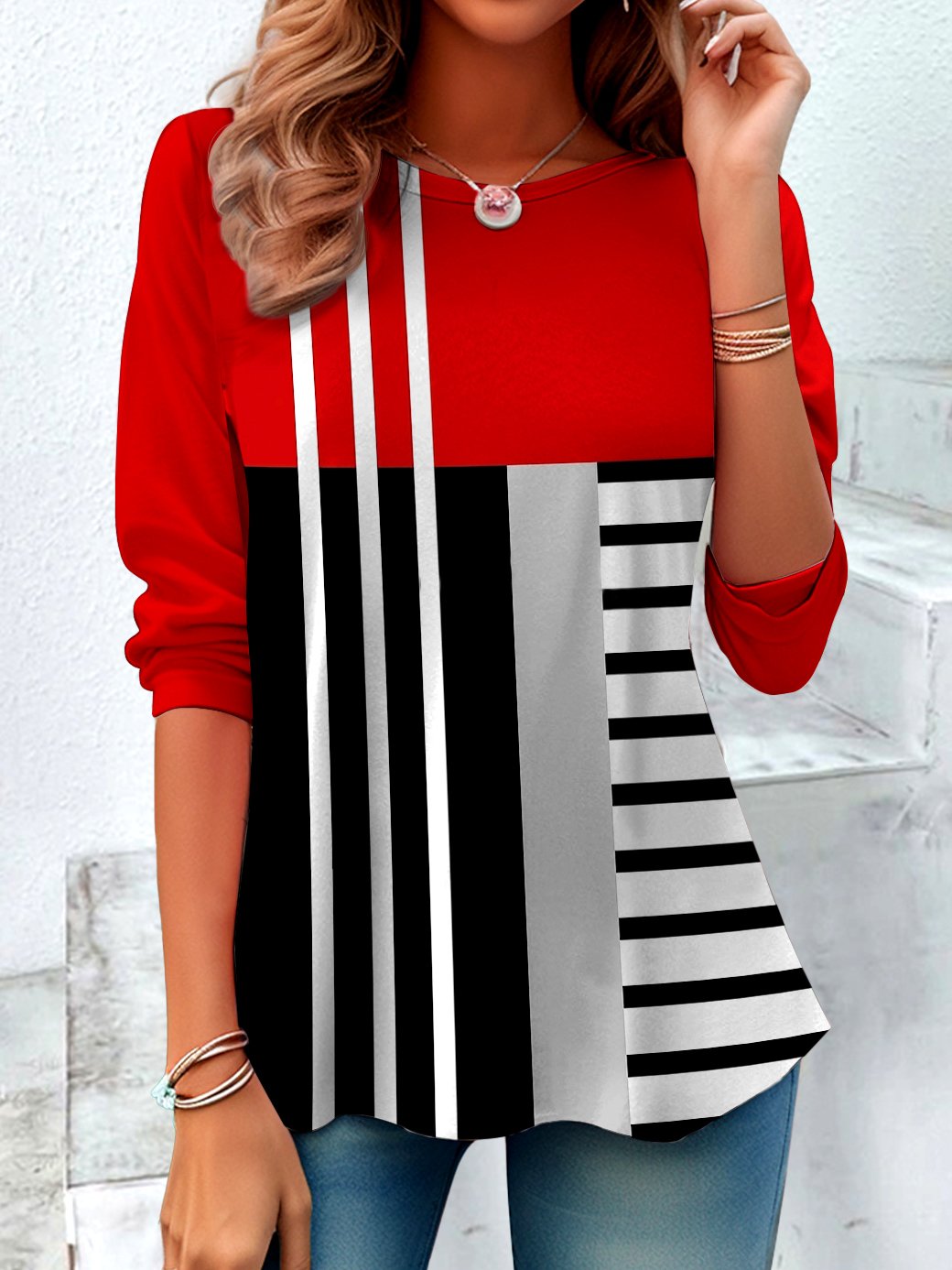 Vintage Plaid Crew Neck Long Sleeve T-shirt