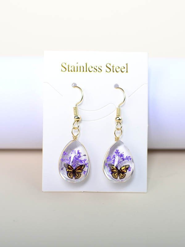 Butterfly Time Gem Dried Flower Gypsophila Lace Flower Pastoral Style Glass Earrings