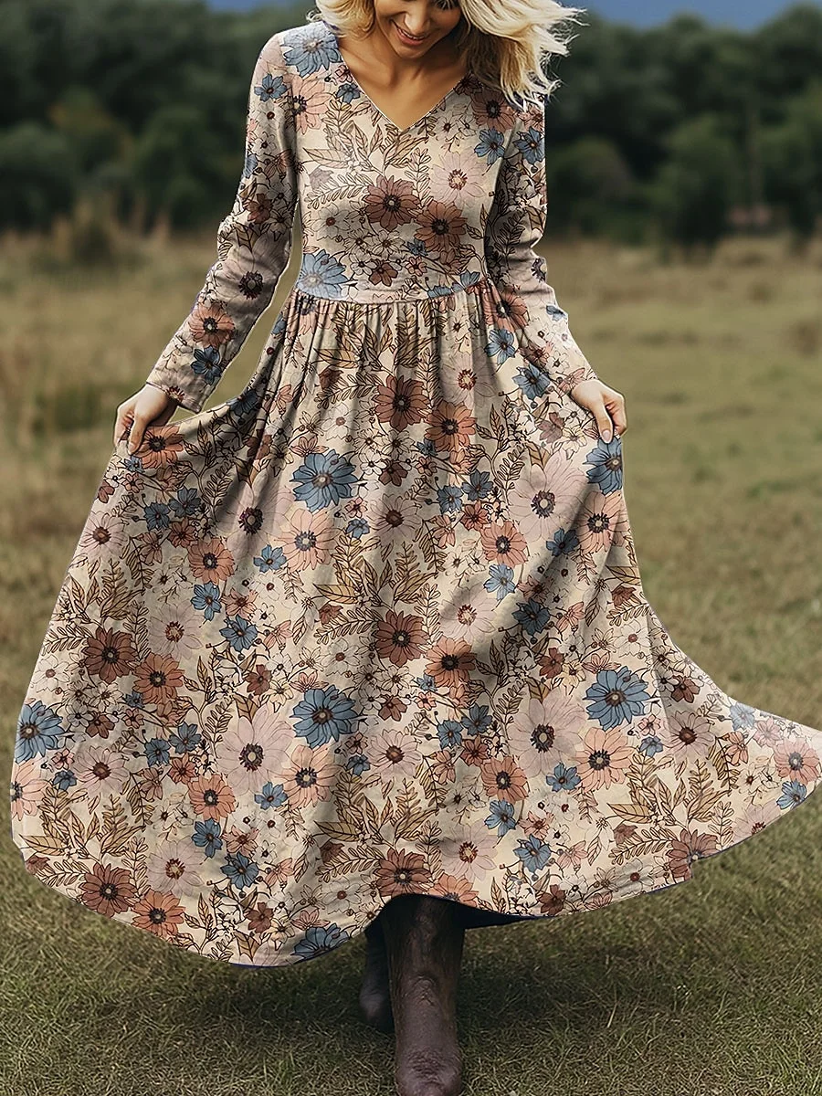 Women Floral Spring/Fall Dress V Neck Long Sleeve A-Line Dress