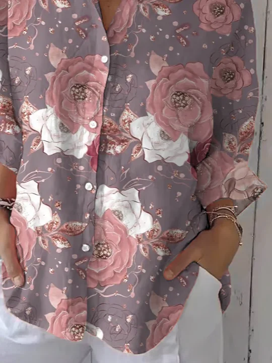Shirt Collar Three Quarter Sleeve Floral Printing Regular Loose Button Up Shirt Shirt For Women