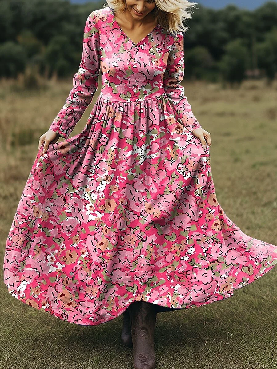 Women Floral Spring/Fall Dress V Neck Long Sleeve A-Line Dress