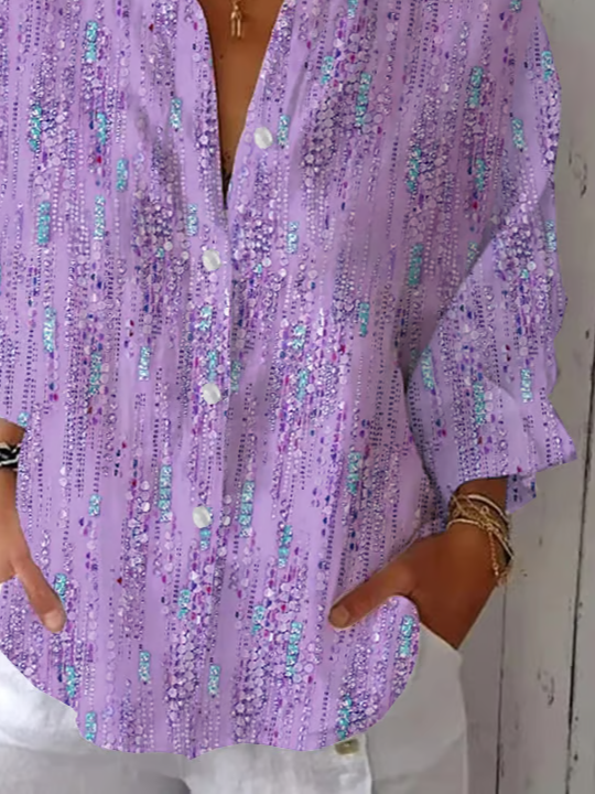 Shirt Collar Three Quarter Sleeve Abstract Printing Regular Loose Button Up Shirt Shirt For Women