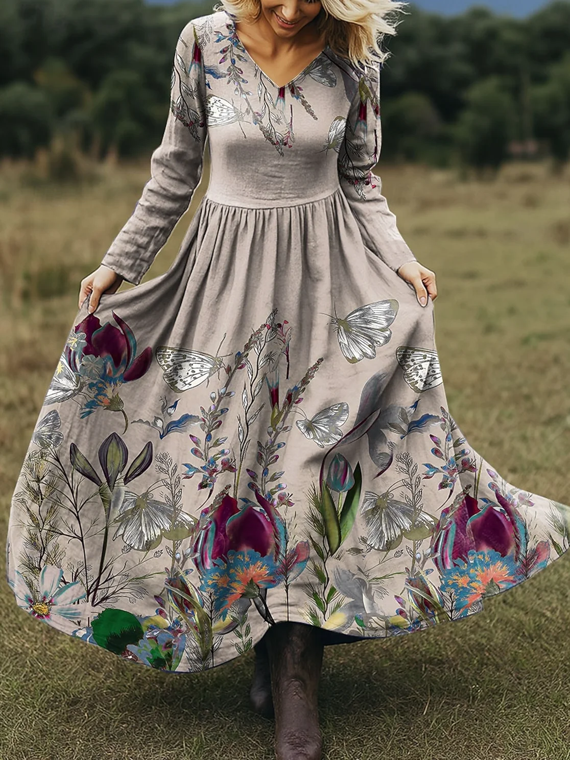 Women Floral Spring/Fall Dress V Neck Long Sleeve A-Line Dress
