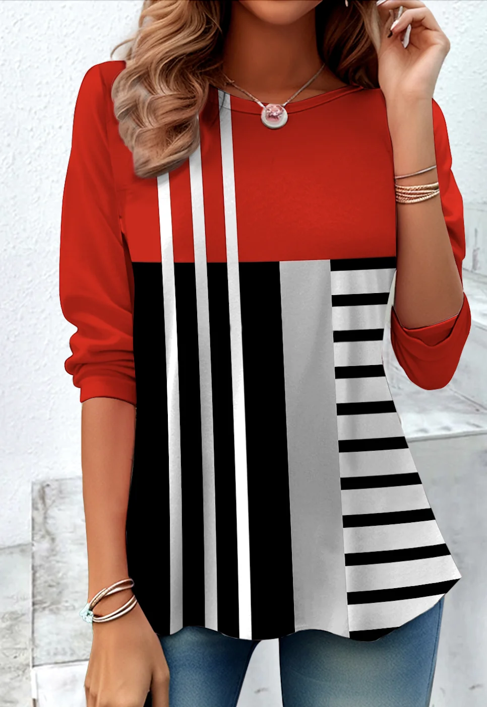 Vintage Plaid Crew Neck Long Sleeve T-shirt