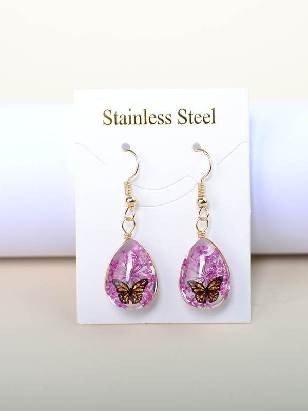 Butterfly Time Gem Dried Flower Gypsophila Lace Flower Pastoral Style Glass Earrings