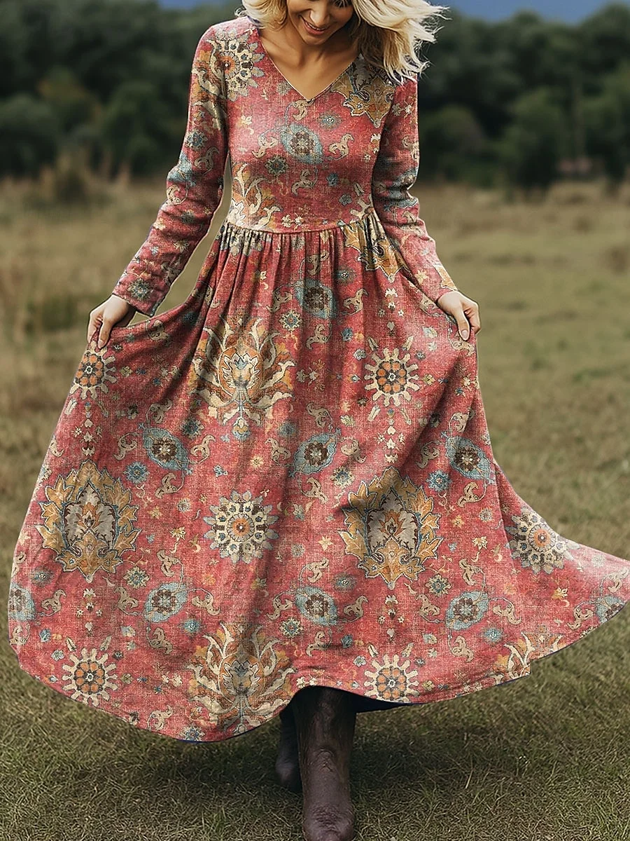 Women Floral Spring/Fall Dress V Neck Long Sleeve A-Line Dress