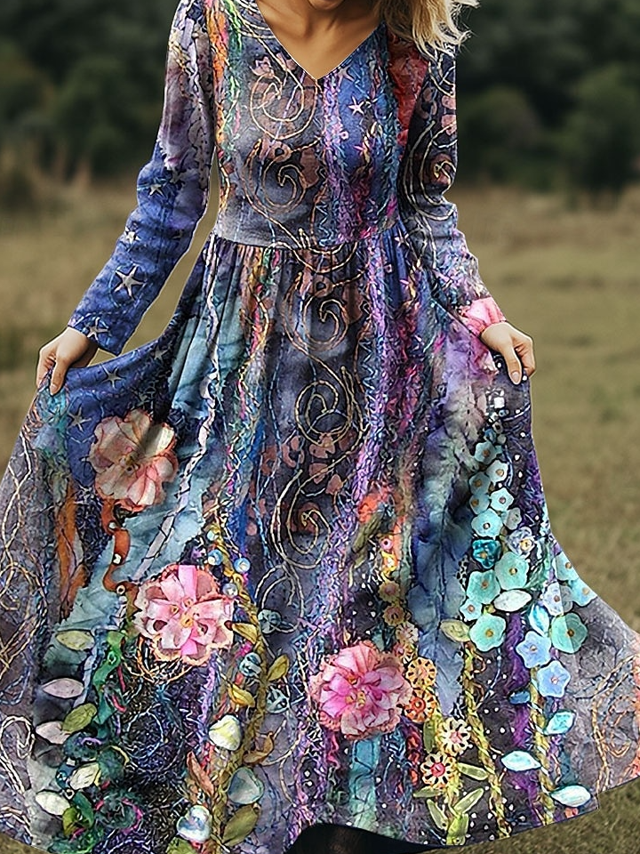 Women Floral Spring/Fall Dress V Neck Long Sleeve A-Line Dress