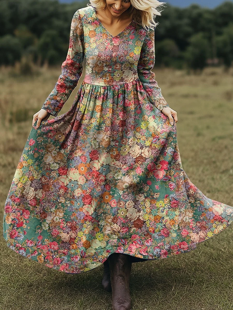 Women Floral Spring/Fall Dress V Neck Long Sleeve A-Line Dress