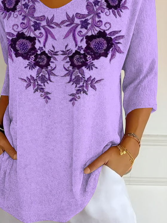 Casual Floral V Neck Three Quarter Sleeve T-shirt