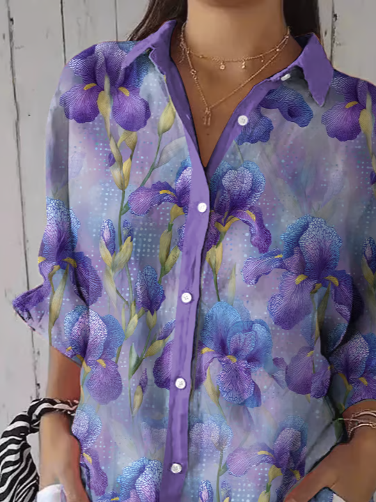 Shirt Collar Three Quarter Sleeve Floral Printing Regular Loose Button Up Shirt Shirt For Women