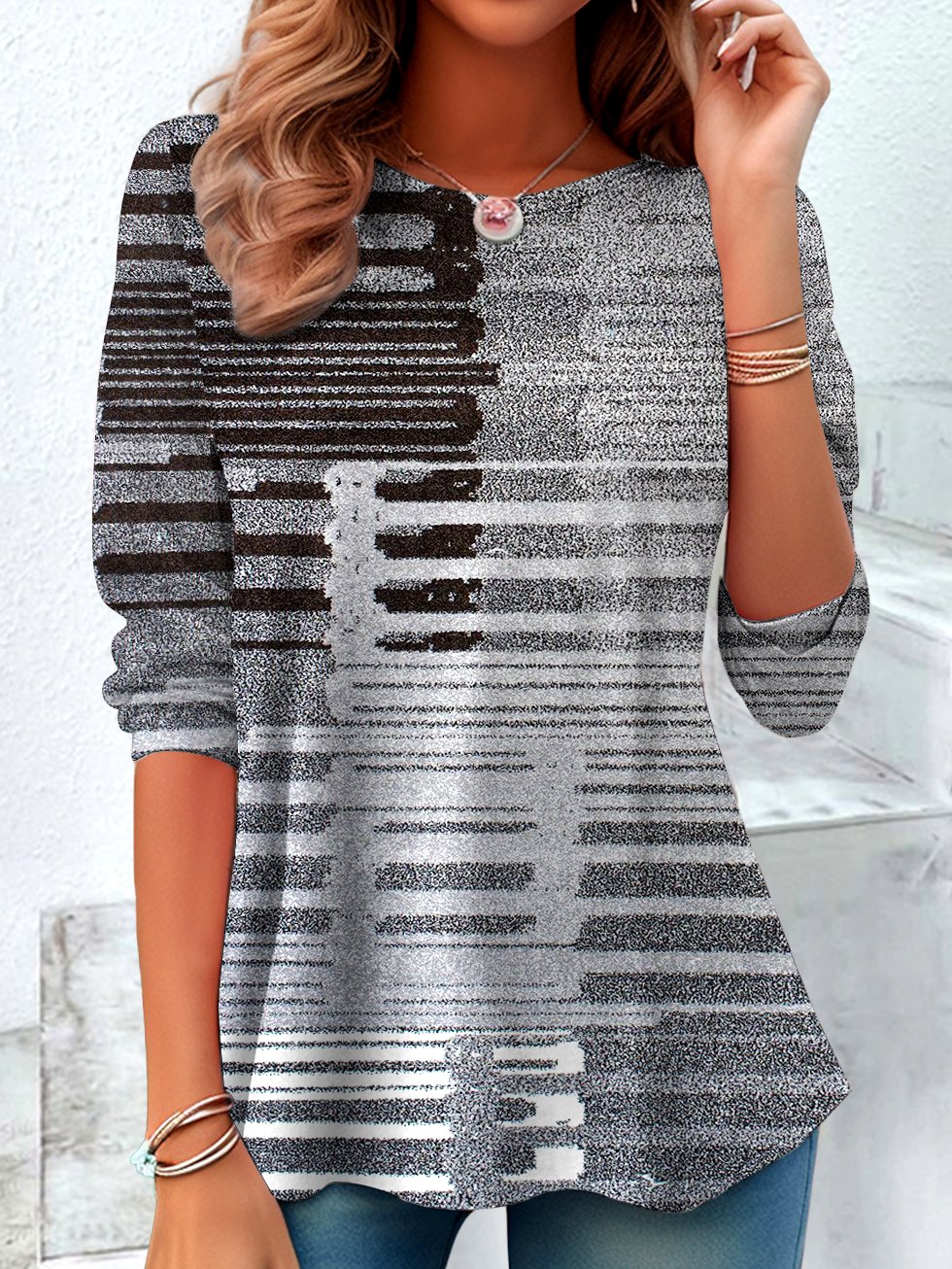 Vintage Plaid Crew Neck Long Sleeve T-shirt