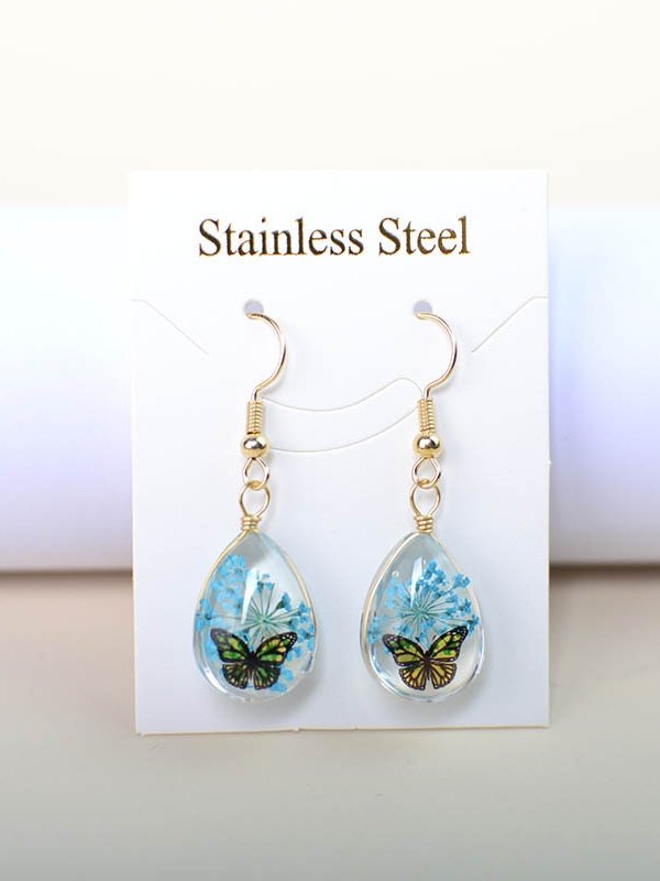 Butterfly Time Gem Dried Flower Gypsophila Lace Flower Pastoral Style Glass Earrings