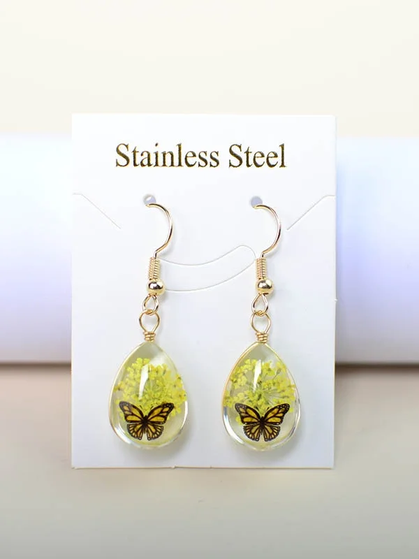 Butterfly Time Gem Dried Flower Gypsophila Lace Flower Pastoral Style Glass Earrings