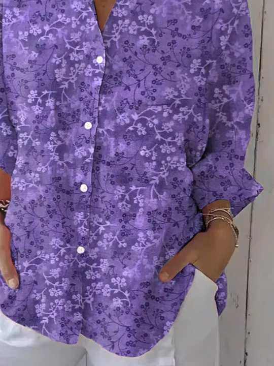 Shirt Collar Three Quarter Sleeve Floral Printing Regular Loose Button Up Shirt Shirt For Women