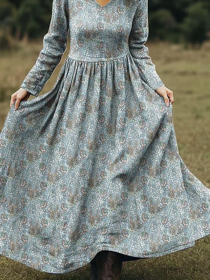 Women Floral Spring/Fall Dress V Neck Long Sleeve A-Line Dress