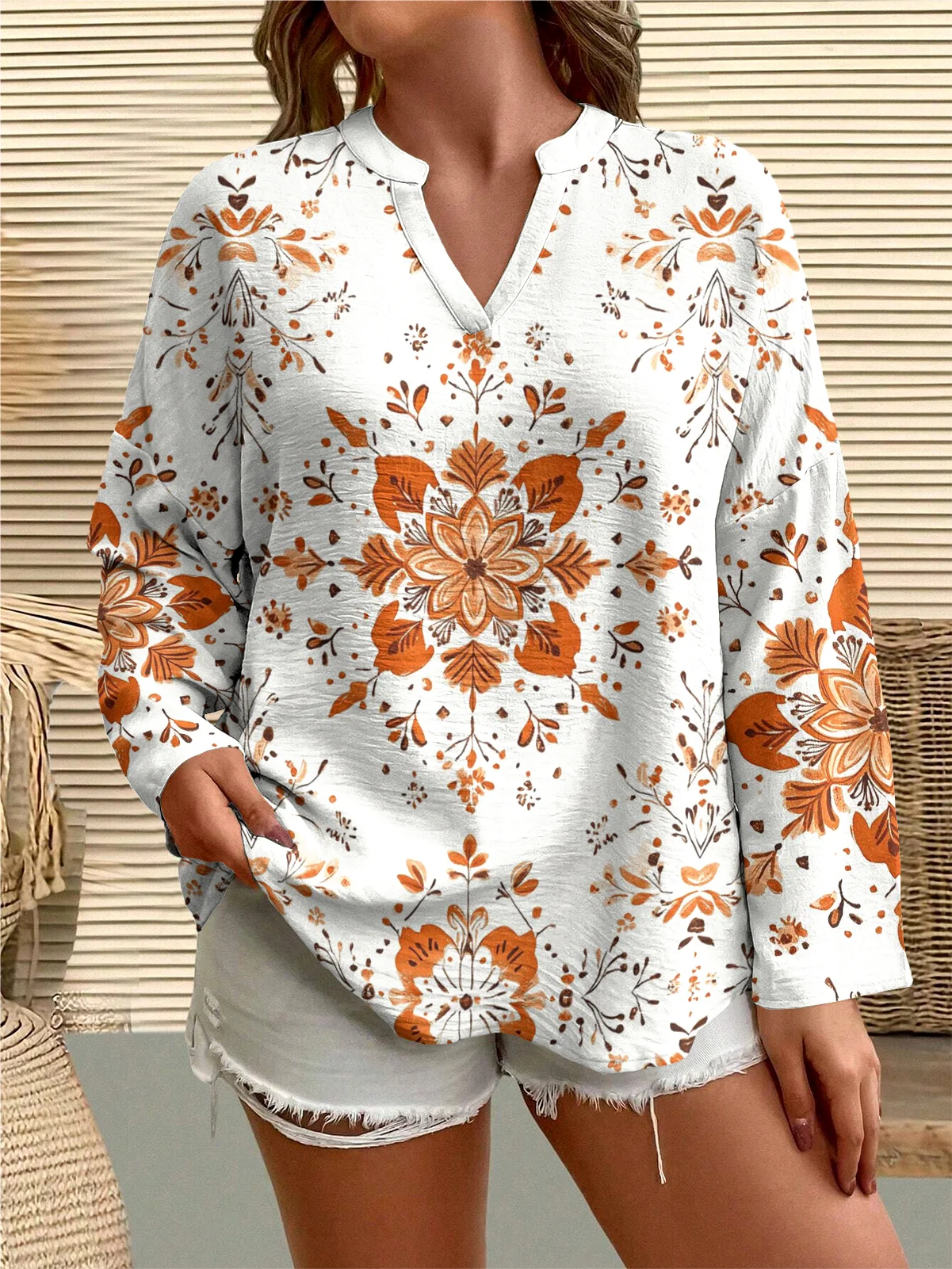 Casual Floral V Neck Long Sleeve T-shirt