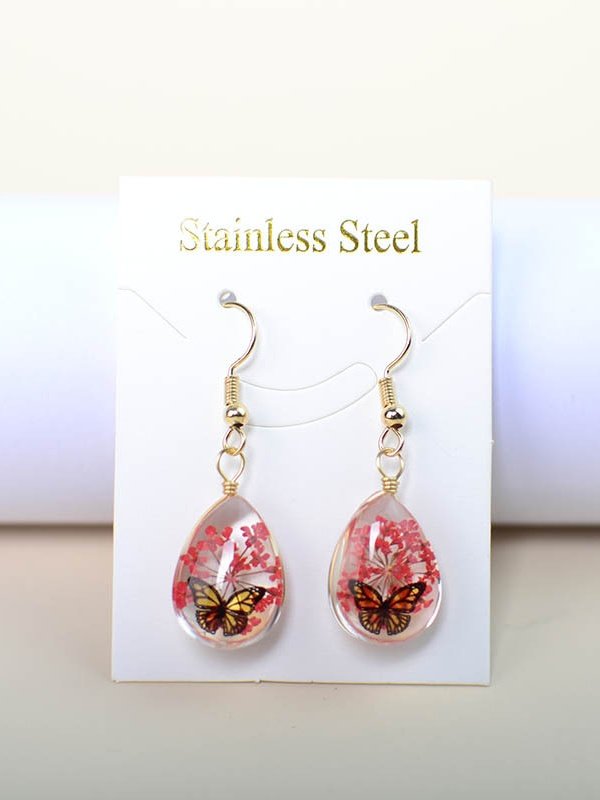 Butterfly Time Gem Dried Flower Gypsophila Lace Flower Pastoral Style Glass Earrings