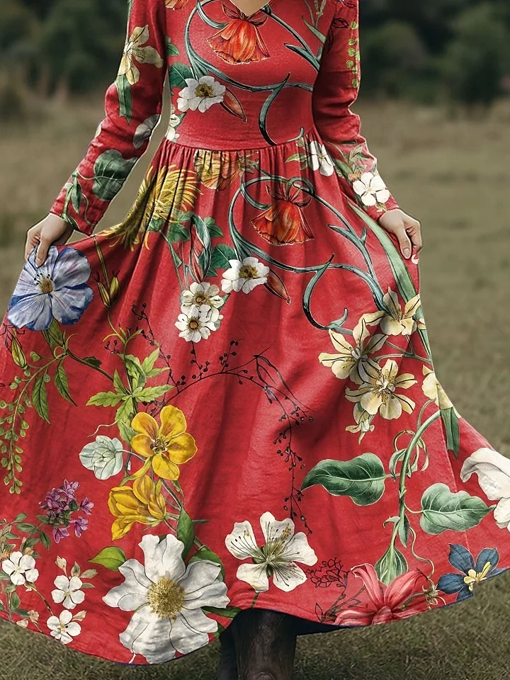 Women Floral Spring/Fall Dress V Neck Long Sleeve A-Line Dress