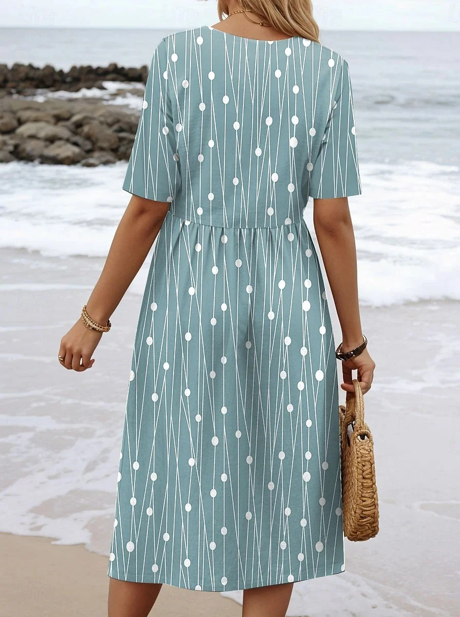 Women Striped Summer Dress Crew Neck Half Sleeve A-Line Dress
