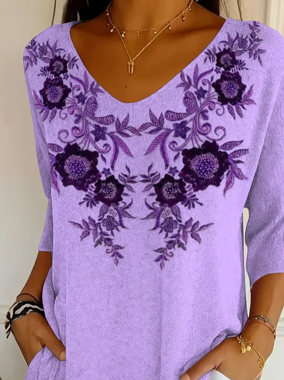 Casual Floral V Neck Three Quarter Sleeve T-shirt