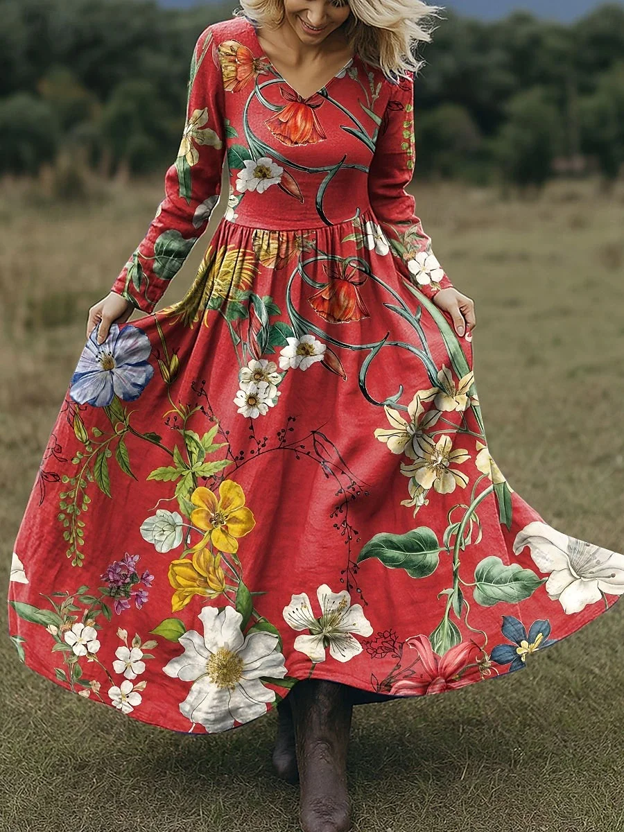 Women Floral Spring/Fall Dress V Neck Long Sleeve A-Line Dress