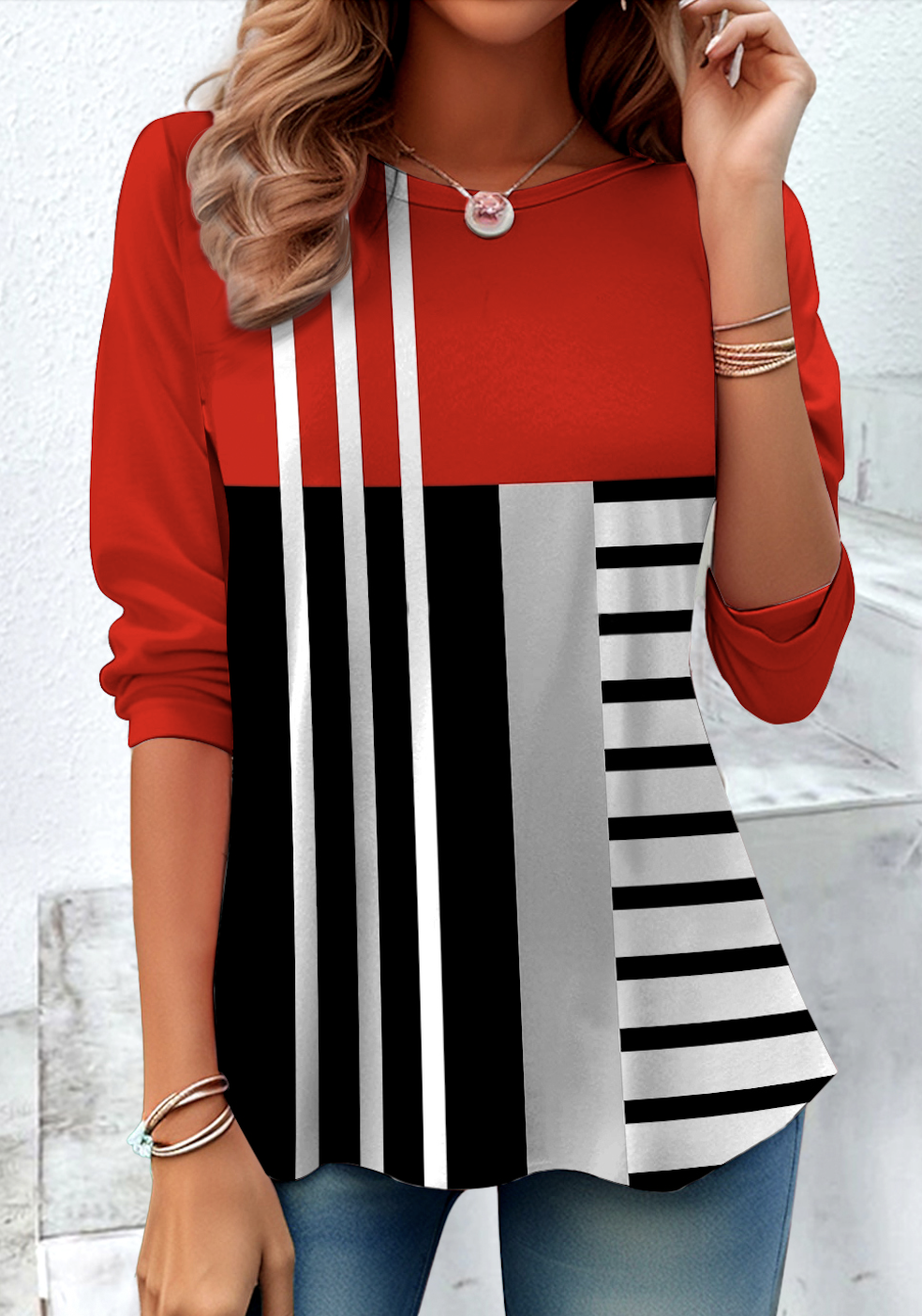 Vintage Plaid Crew Neck Long Sleeve T-shirt