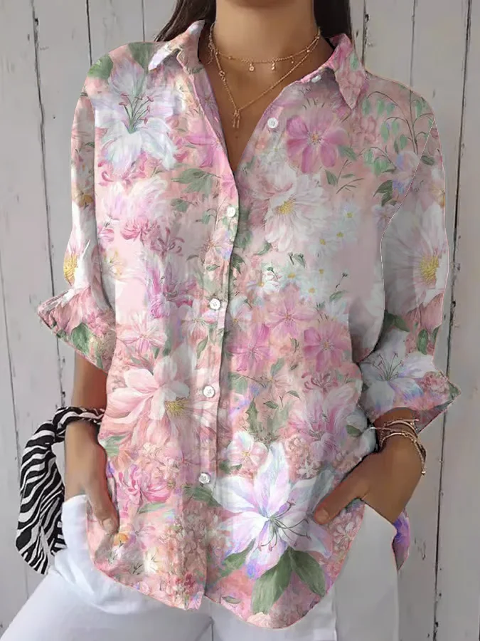 Shirt Collar Three Quarter Sleeve Floral Printing Regular Loose Button Up Shirt Shirt For Women