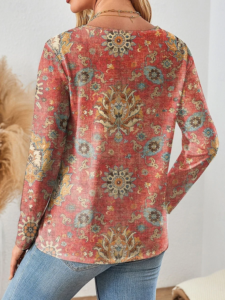 V Neck Long Sleeve Ethnic Regular Micro-Elasticity Loose Blouse For Women