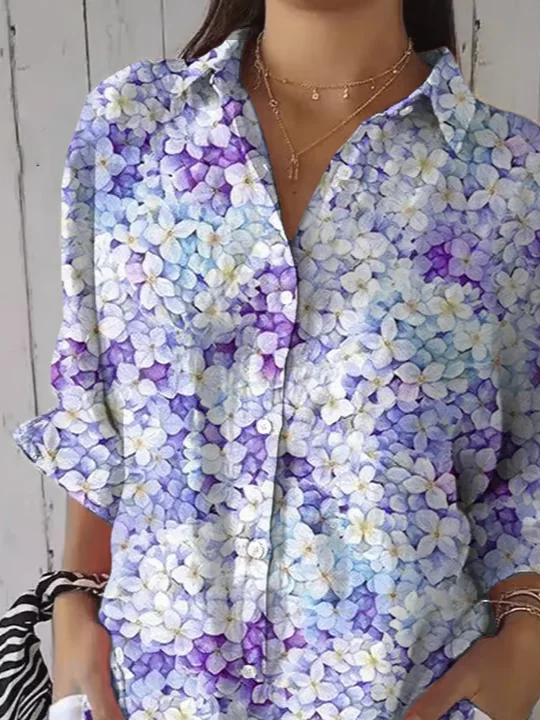 Shirt Collar Three Quarter Sleeve Floral Printing Regular Loose Button Up Shirt Shirt For Women