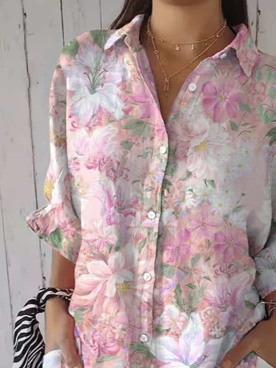 Shirt Collar Three Quarter Sleeve Floral Printing Regular Loose Button Up Shirt Shirt For Women