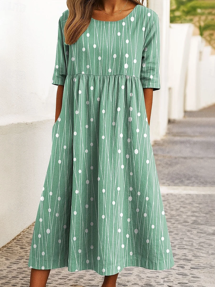 Women Striped Summer Dress Crew Neck Half Sleeve A-Line Dress