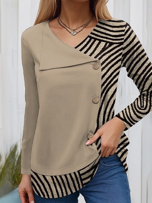 Casual Striped V Neck Long Sleeve T-shirt