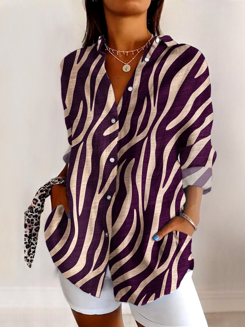 V Neck Long Sleeve Geometric Regular Micro-Elasticity Regular Fit Shirt For Women