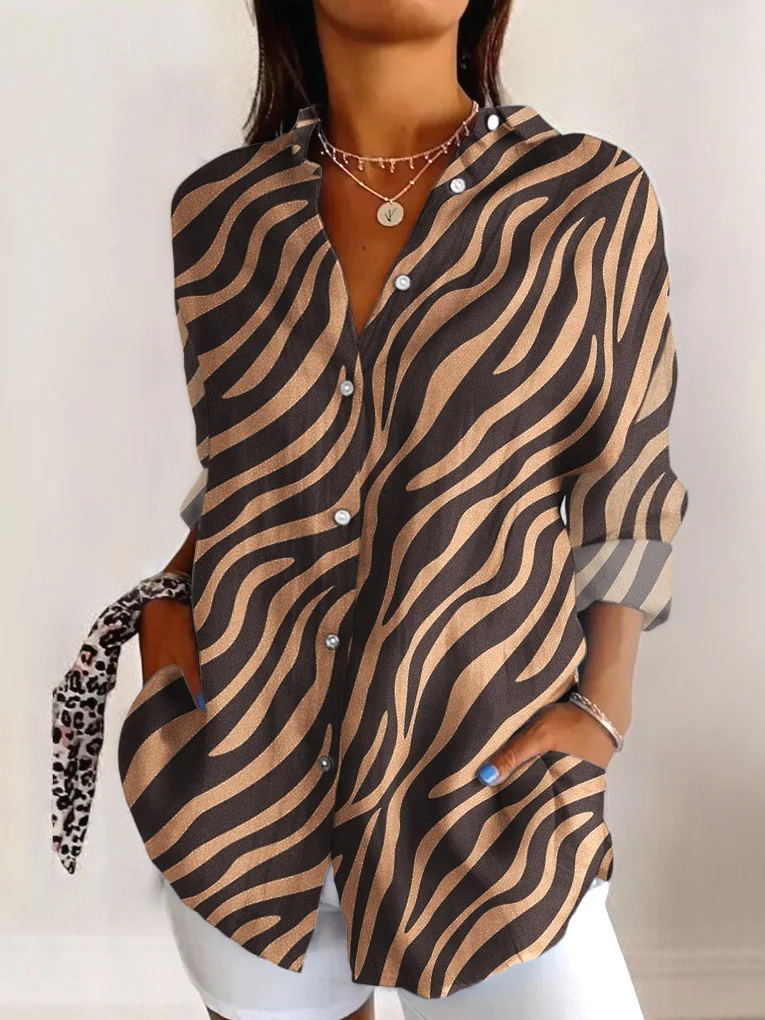 V Neck Long Sleeve Geometric Regular Micro-Elasticity Regular Fit Shirt For Women