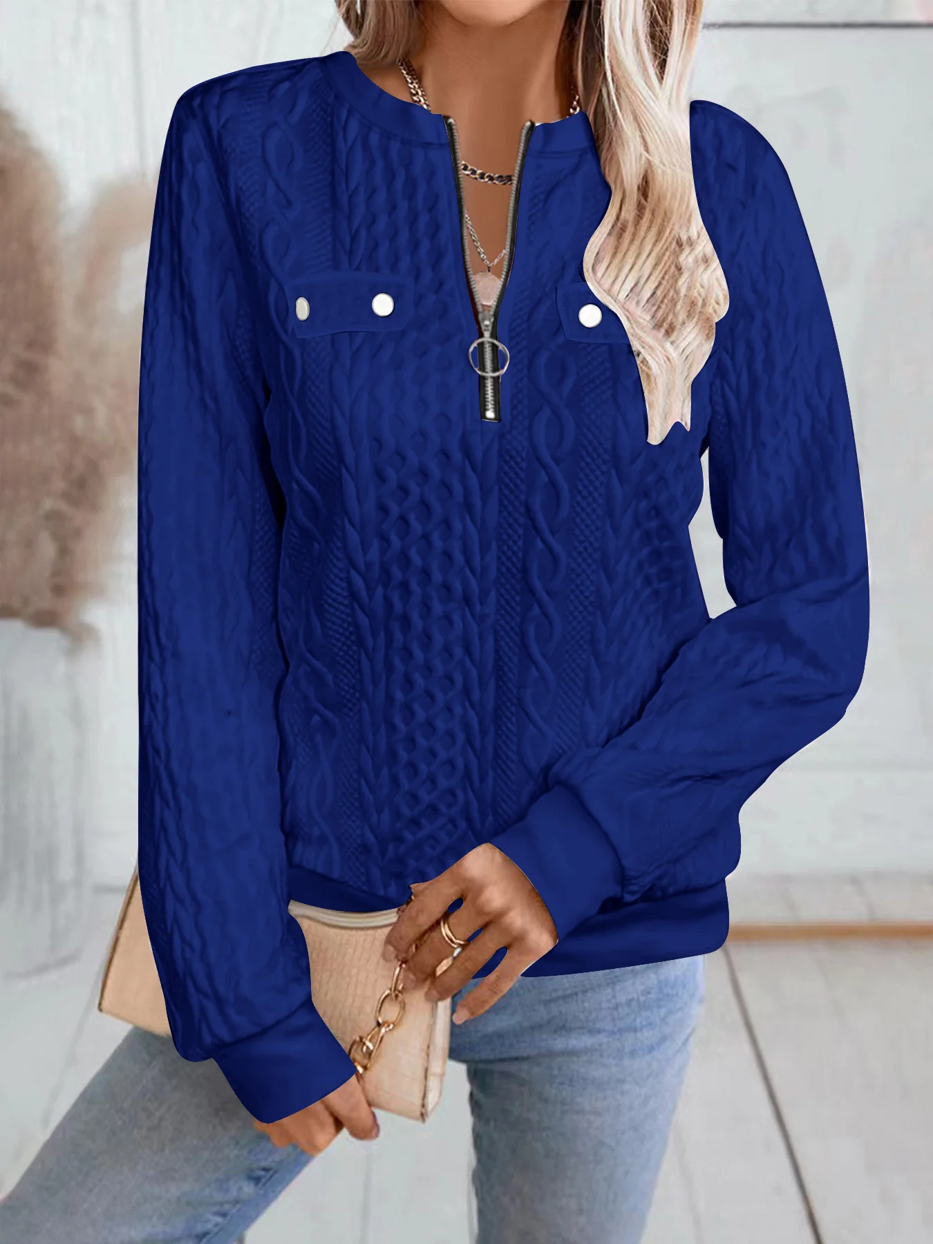 Casual V Neck Plain Sweatshirt