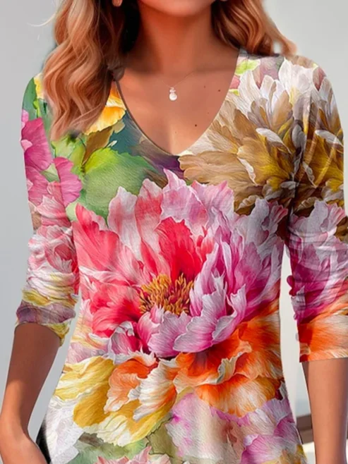 Casual Floral V Neck Long Sleeve T-shirt