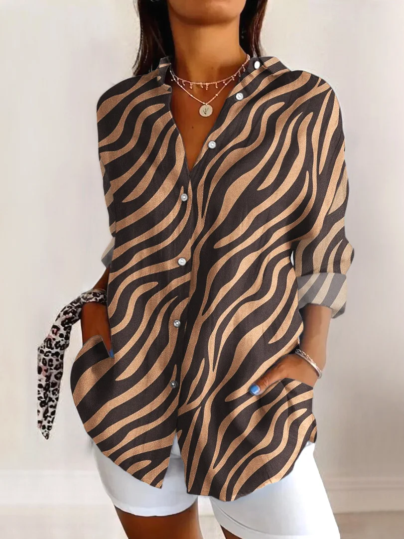 V Neck Long Sleeve Geometric Regular Micro-Elasticity Regular Fit Shirt For Women