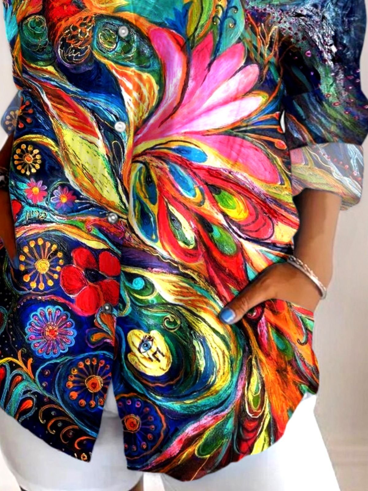 Women's Shirt Cotton Button Up Peacock Art Print Basic Blouse Casual Long Sleeve Shirt Collar Daily Top