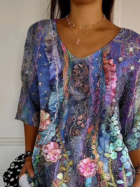 Casual Floral V Neck Three Quarter Sleeve T-shirt