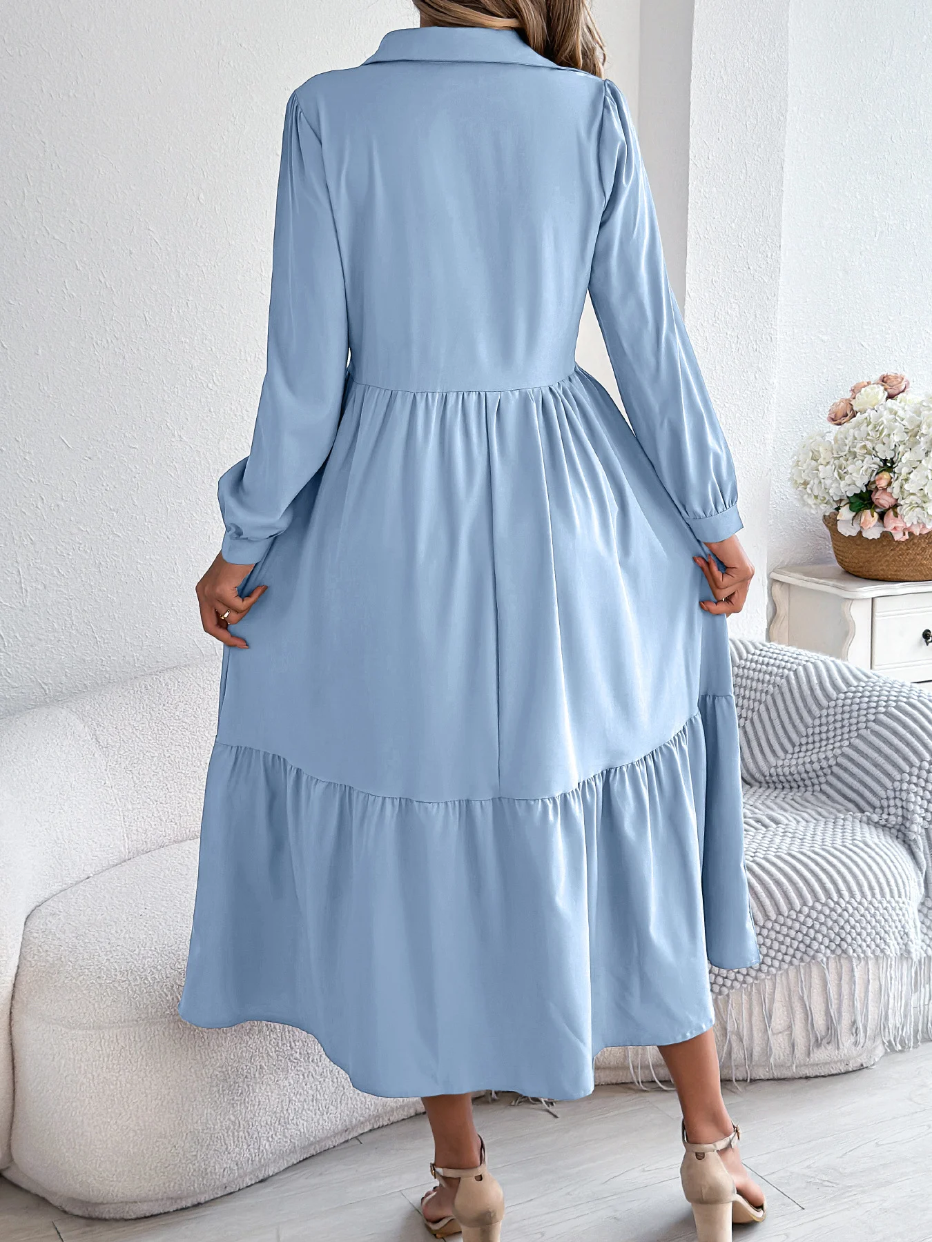 Women Plain Spring/Fall Dress Shirt Collar Long Sleeve A-Line Dress
