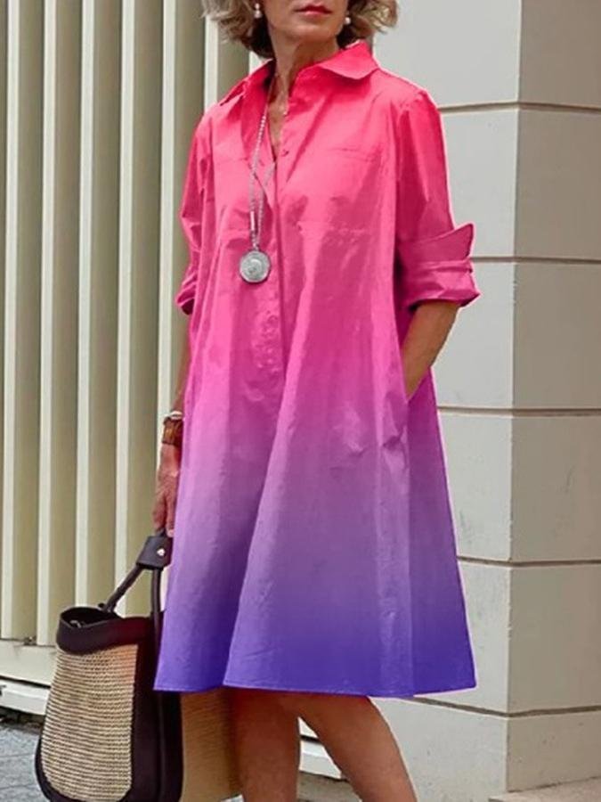 Women Geometric Spring/Fall Dress Shawl Collar Long Sleeve Shirt Dress H-Line Dress