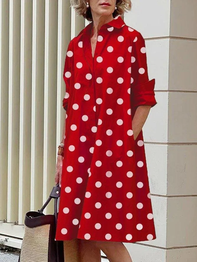 Women Geometric Spring/Fall Dress Shawl Collar Long Sleeve Shirt Dress H-Line Dress