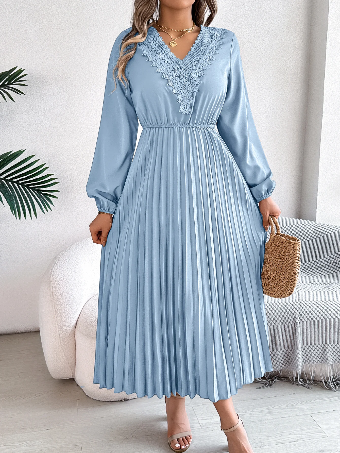 Women Plain Spring/Fall Dress V Neck Long Sleeve A-Line Dress