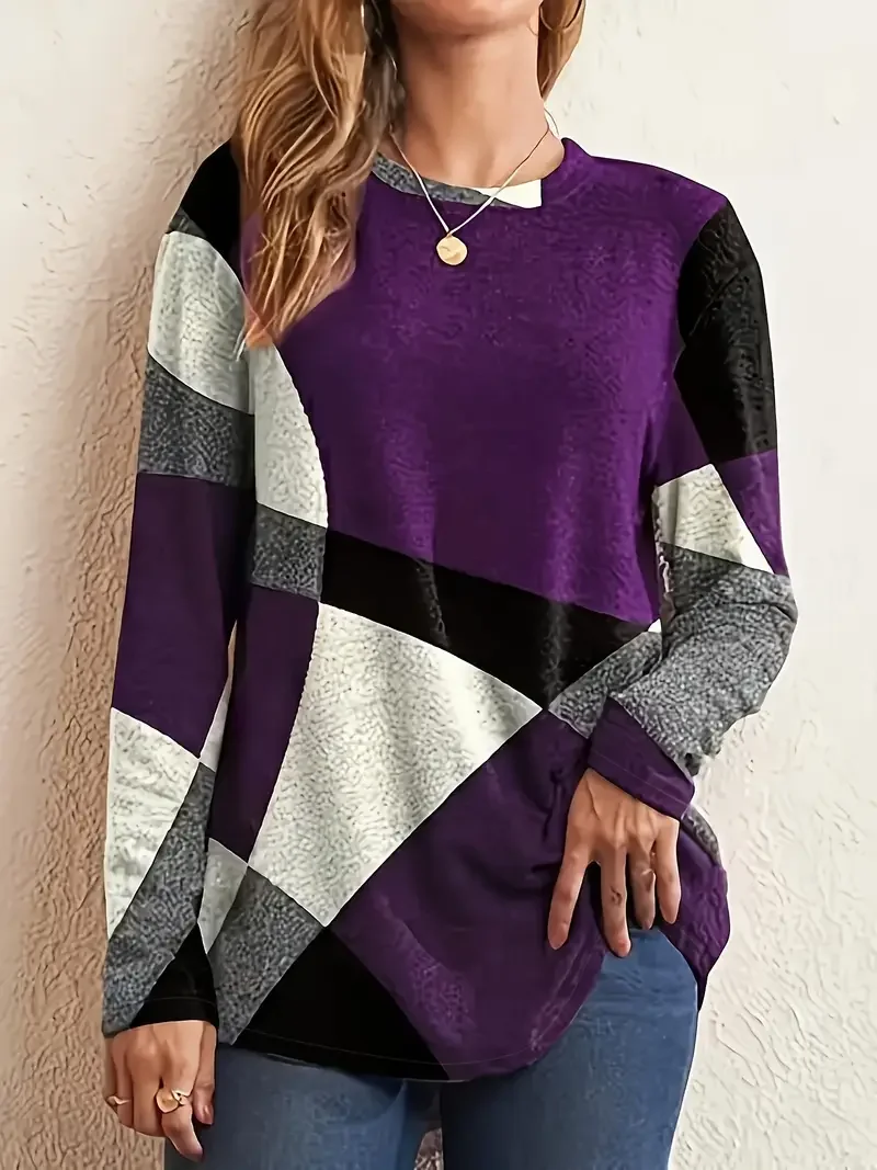 Casual Abstract Color Block Print Crew Neck Long Sleeve T-shirt