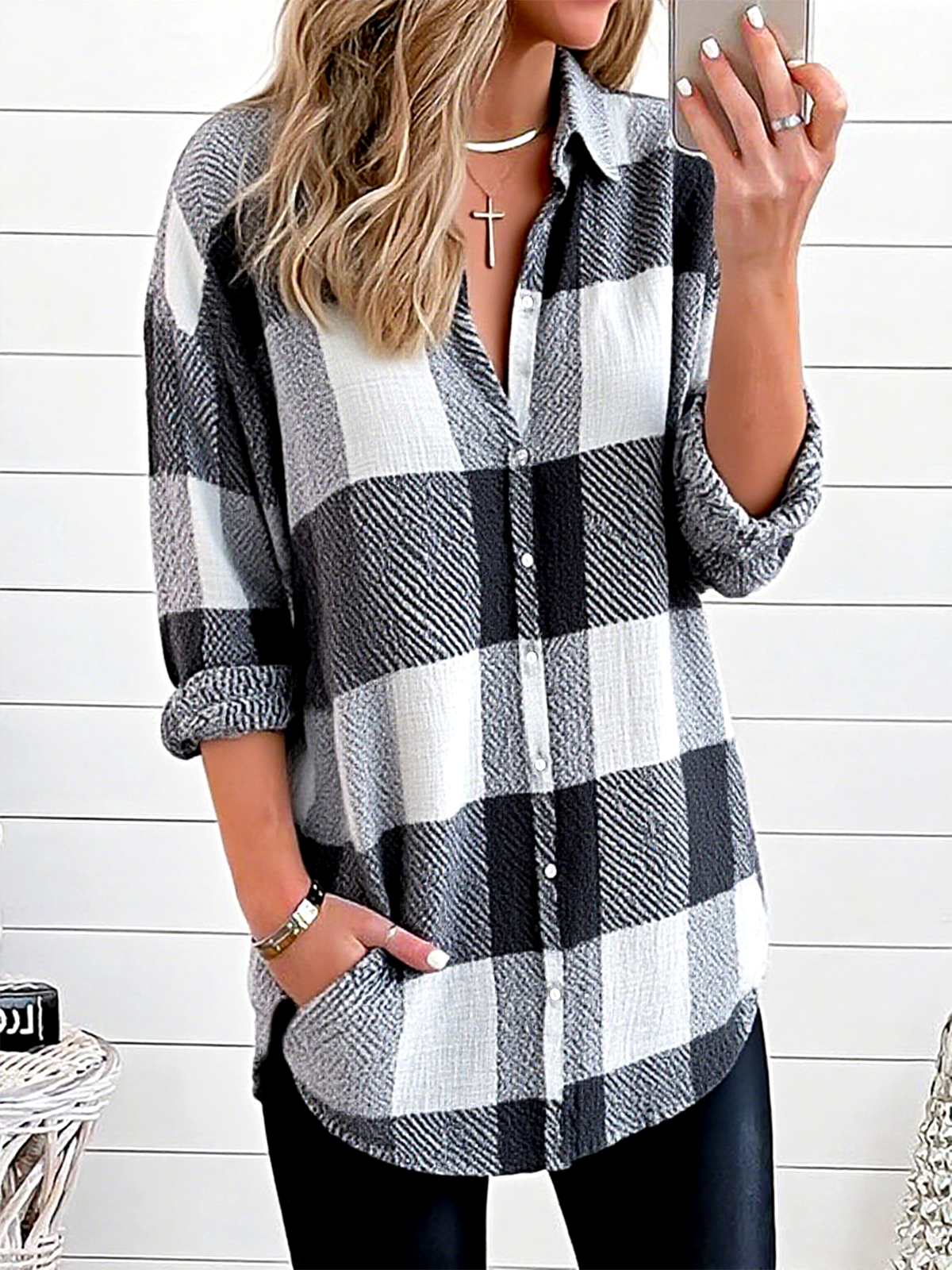 Shirt Collar Long Sleeve Plaid Regular Loose Shirt For Women