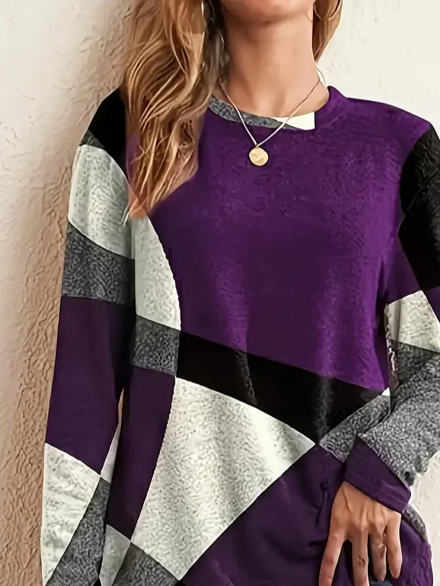 Casual Abstract Color Block Print Crew Neck Long Sleeve T-shirt